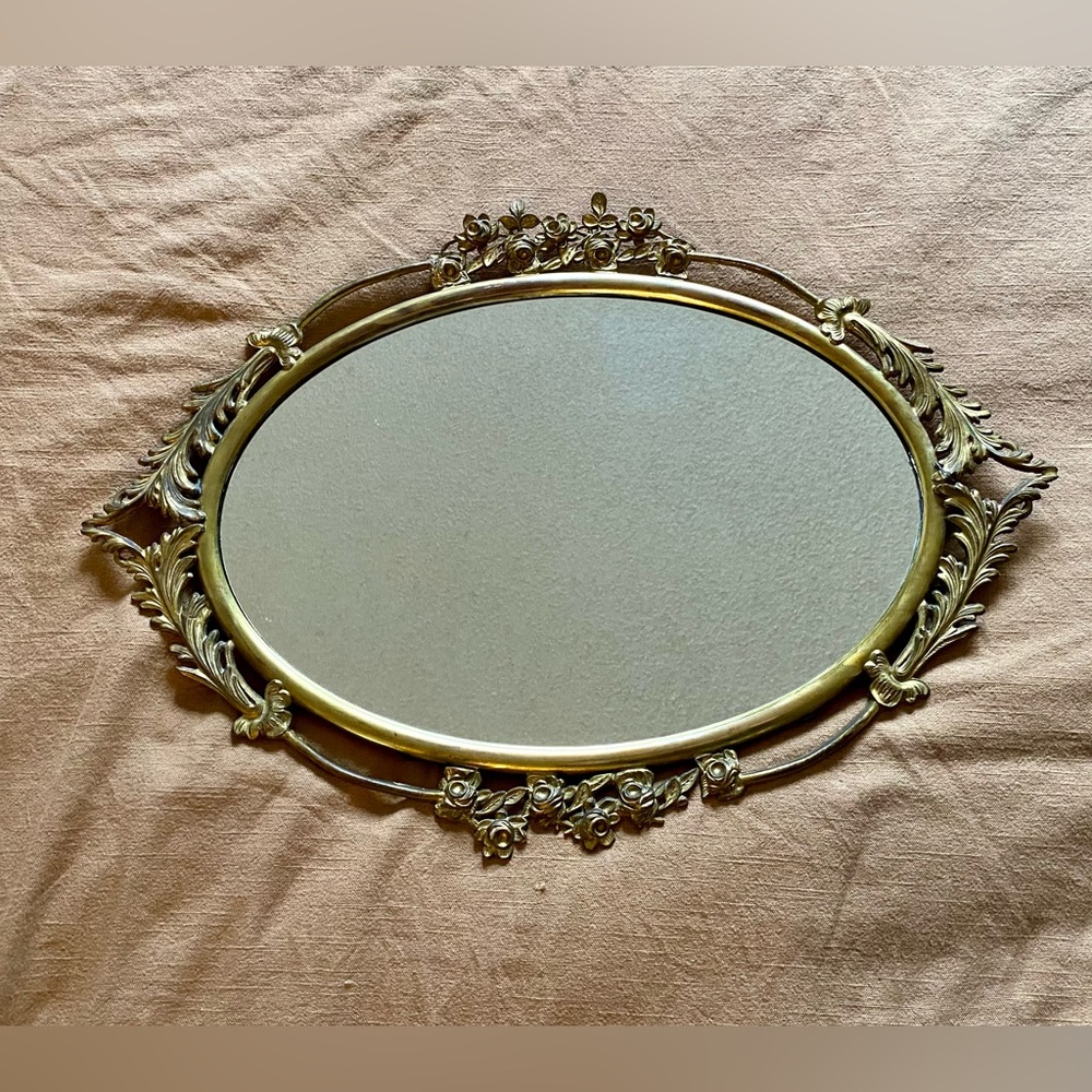 Antique Tony Duquette Style Gold Brass Oval Accent
Mirror Filigree Flower Detail